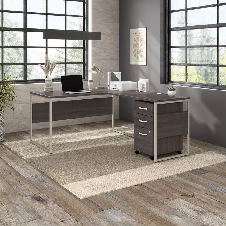 Storm Gray L-Shaped Desk with Metal Legs and File Cabinet