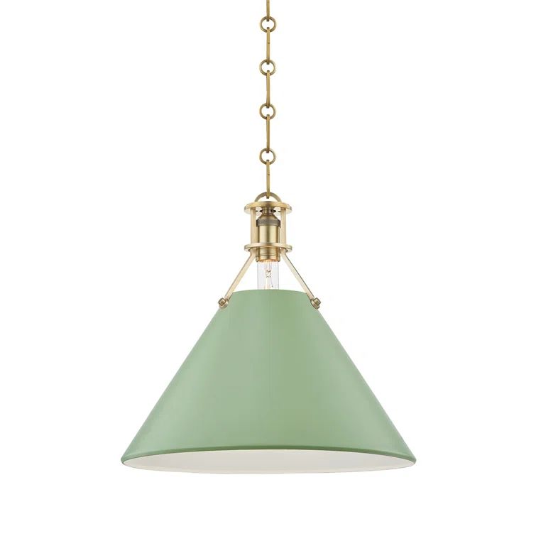 Aged Brass and Leaf Green Cone Pendant Light with Metal Shade
