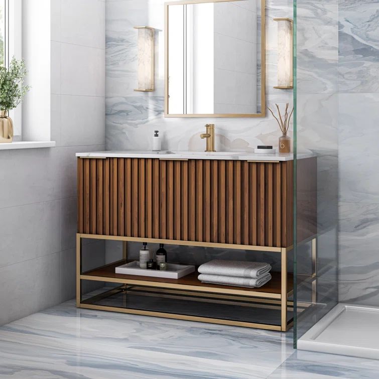 Terra 48'' Walnut Single Freestanding Bathroom Vanity with Satin Brass Accents