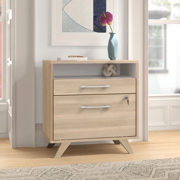 Beige 2-Drawer Lockable Lateral File Cabinet with Open Cubby
