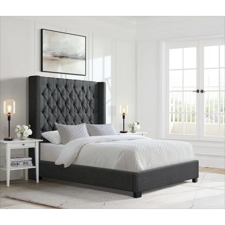 Traditional Charcoal Gray Queen Upholstered Tufted Bed with Slats