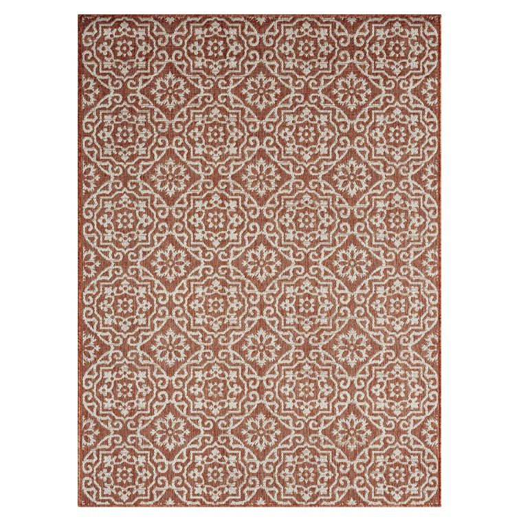 Terracotta and Ivory Geometric Synthetic Indoor/Outdoor Rug, 5'2"x7'2"