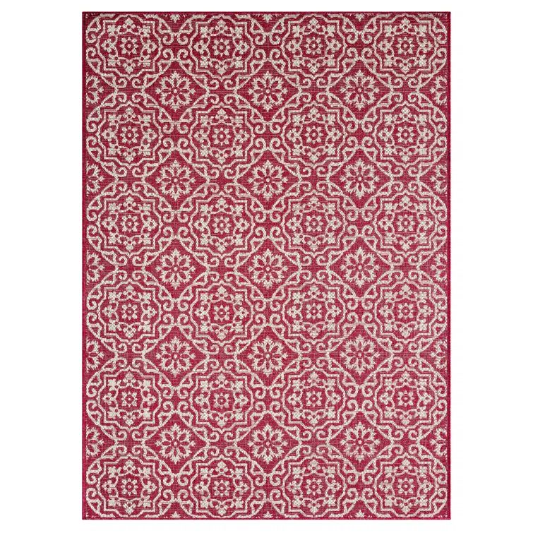 Red and Ivory Geometric Synthetic 8' x 10' Reversible Area Rug