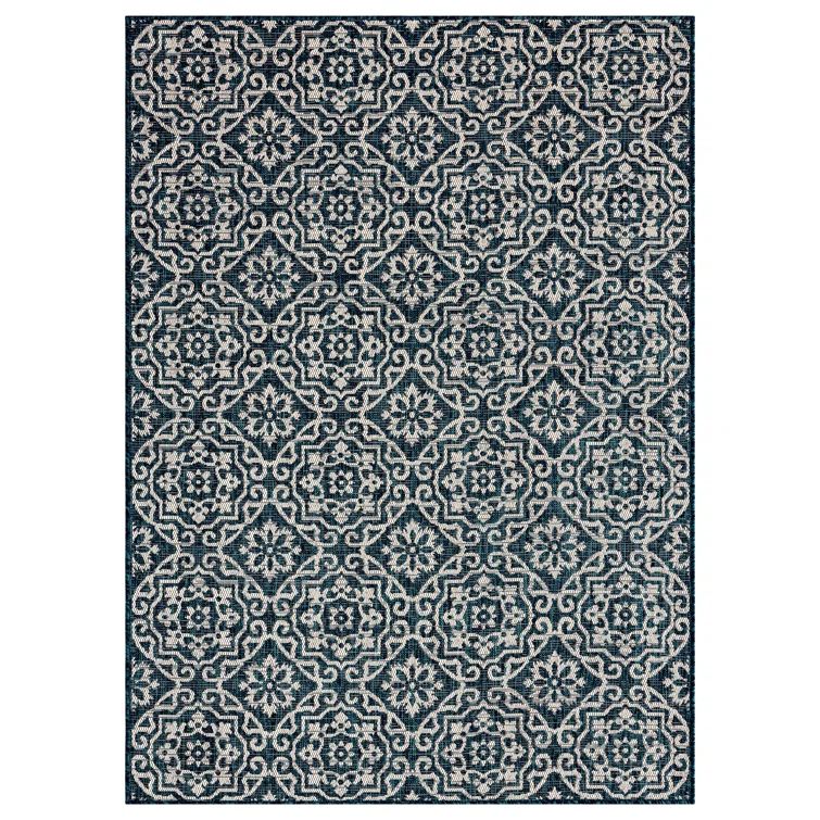 Navy Blue and Ivory Geometric Synthetic Indoor/Outdoor Rug