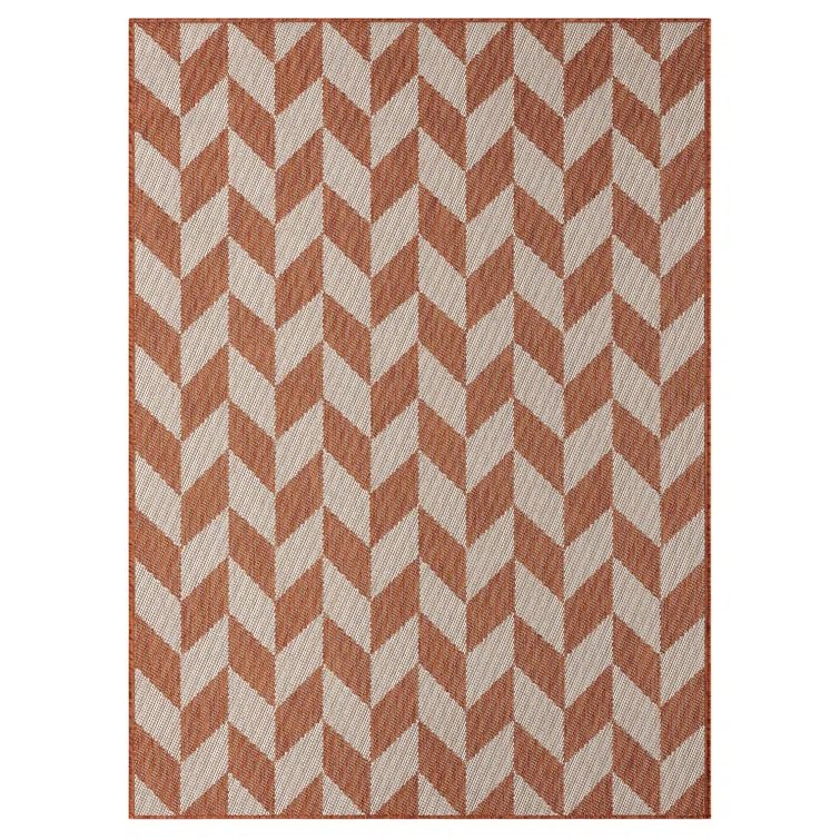 Orange and Ivory Geometric Synthetic Indoor/Outdoor Rug, 6' x 9'