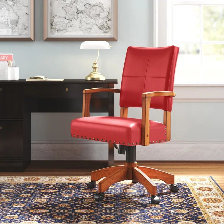 Elegant Red Faux Leather Swivel Banker's Chair with Wood Base