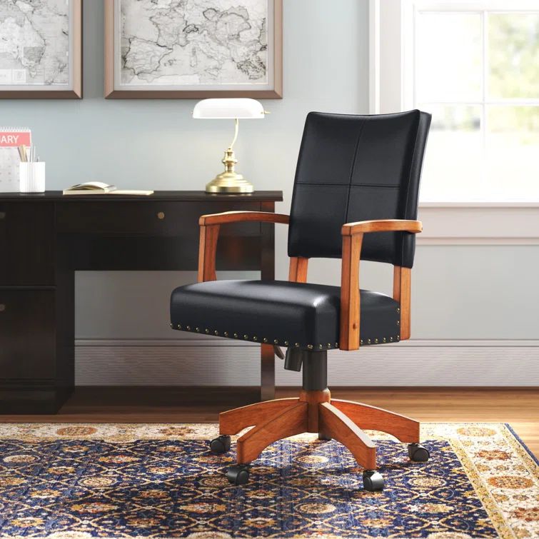 Deluxe Black Leather Swivel Banker Chair with Wood Accents