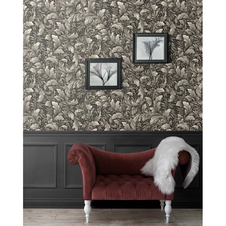 Charcoal Gray Vinyl Botanical Peel and Stick Wallpaper Roll
