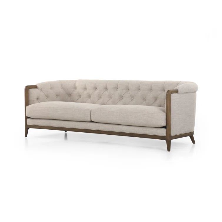 Beige Tufted Linen Sofa with Rolled Arms and Removable Cushions