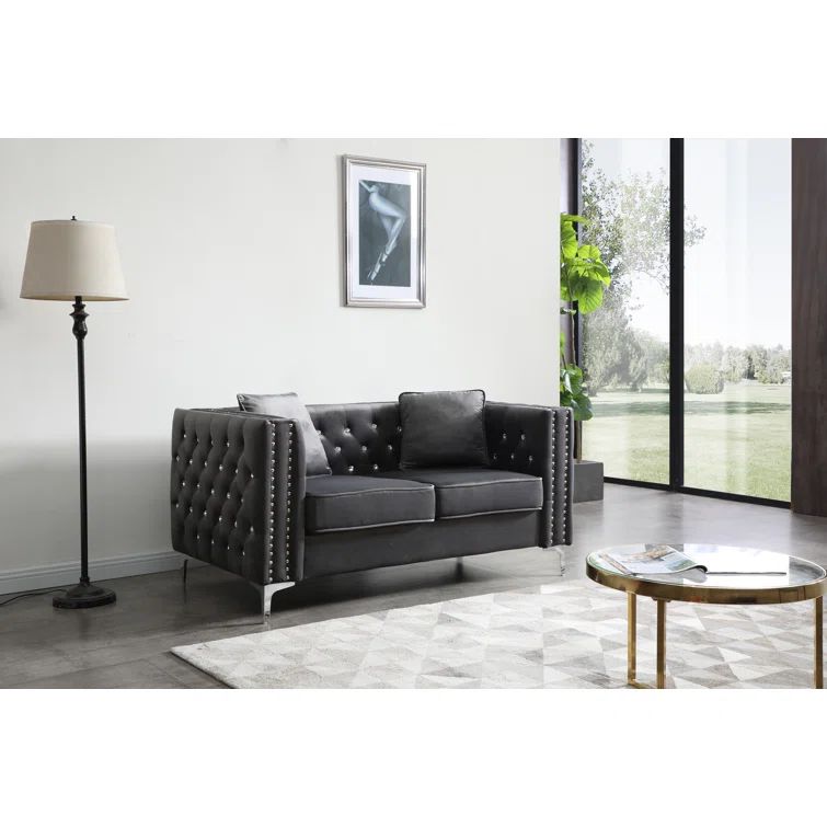 Gray Velvet Tufted Loveseat with Nailhead Trim and Track Arms