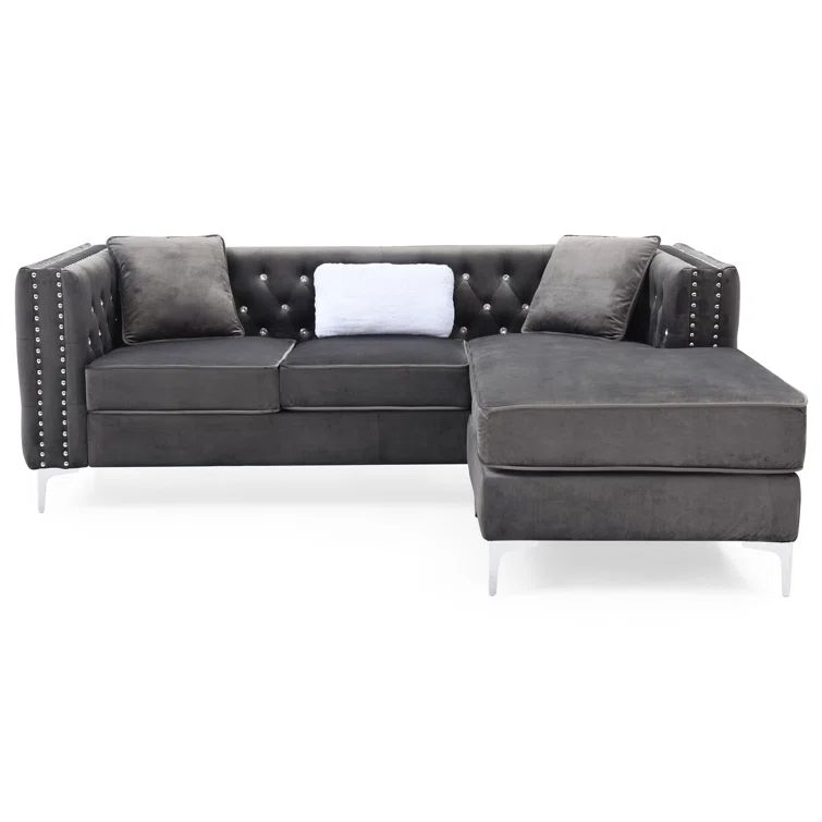 Gray Velvet Tufted Sectional Sofa with Nailhead Trim