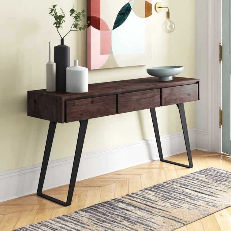 Distressed Charcoal Brown Acacia Wood and Metal Console Table with Storage
