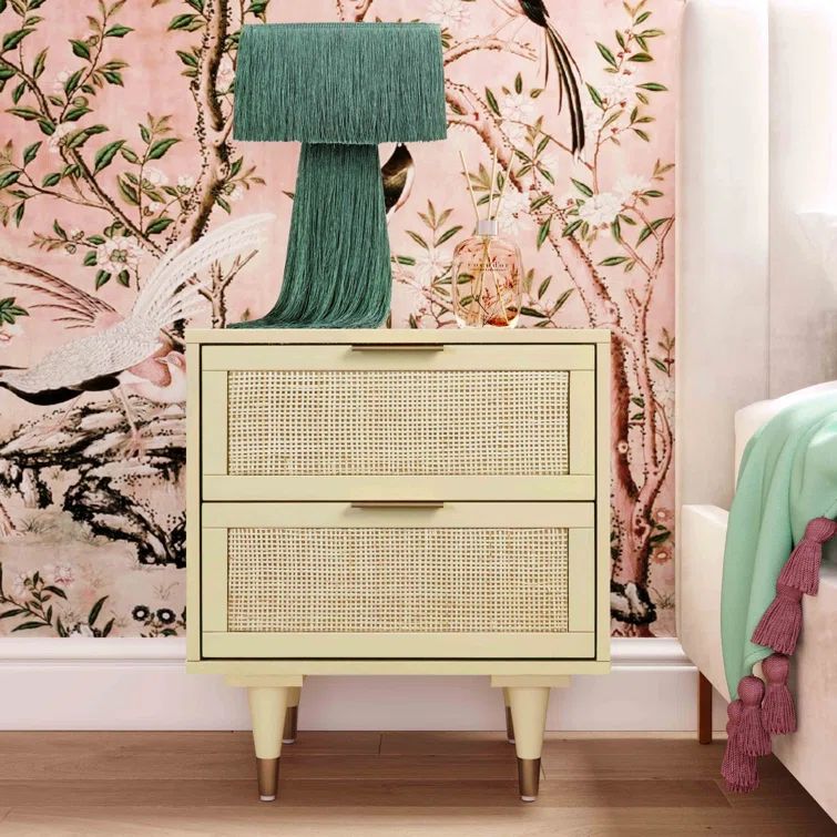 Beige Rubberwood 2-Drawer Nightstand with Cane and Brass Accents