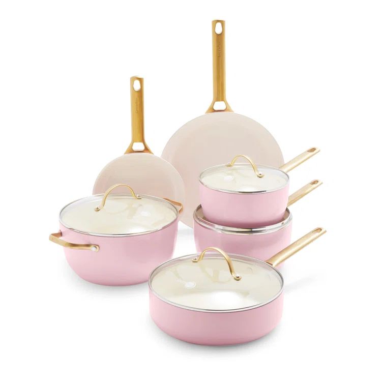 Blush Pink Ceramic Nonstick 10-Piece Cookware Set with Gold Handles