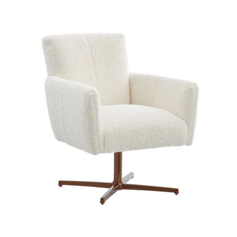 Barclay Butera White Faux-Sheepskin Swivel Armchair with Bronze Metal Base