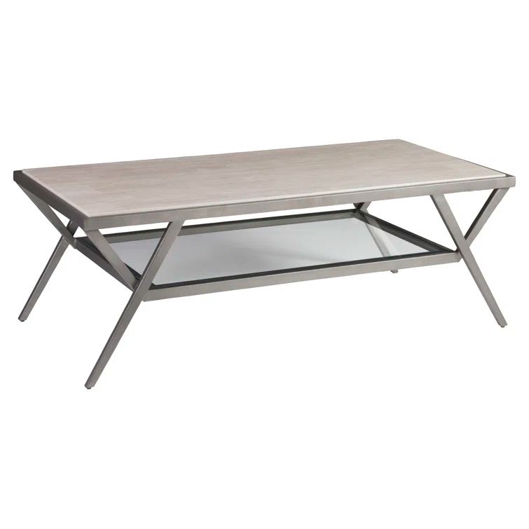 Beige Rectangular Steel and Glass Coffee Table