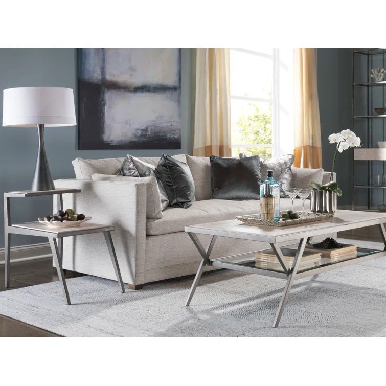 Adamo Contemporary Beige Stone and Metal Rectangular Side Table