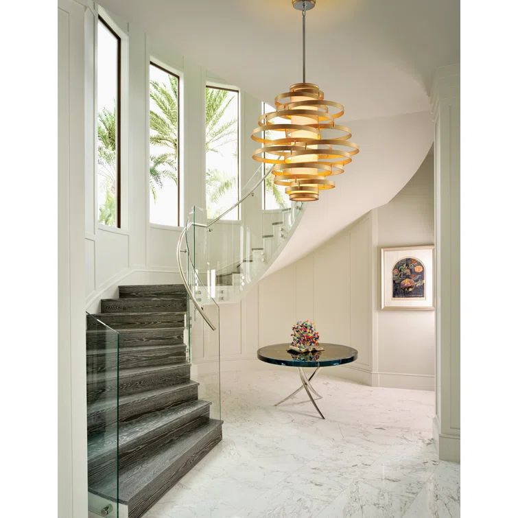 Luxurious Gold Leaf and Polished Stainless 6-Light LED Chandelier with Opal White Shade
