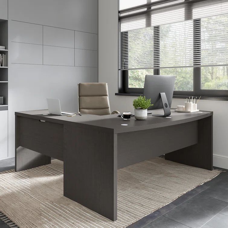 Gray Charcoal Maple Wood L-Shaped Computer Desk with Drawer