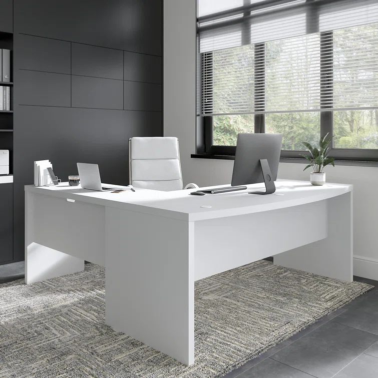 Pure White Engineered Wood L-Shaped Home Office Desk with Drawer and Filing Cabinet