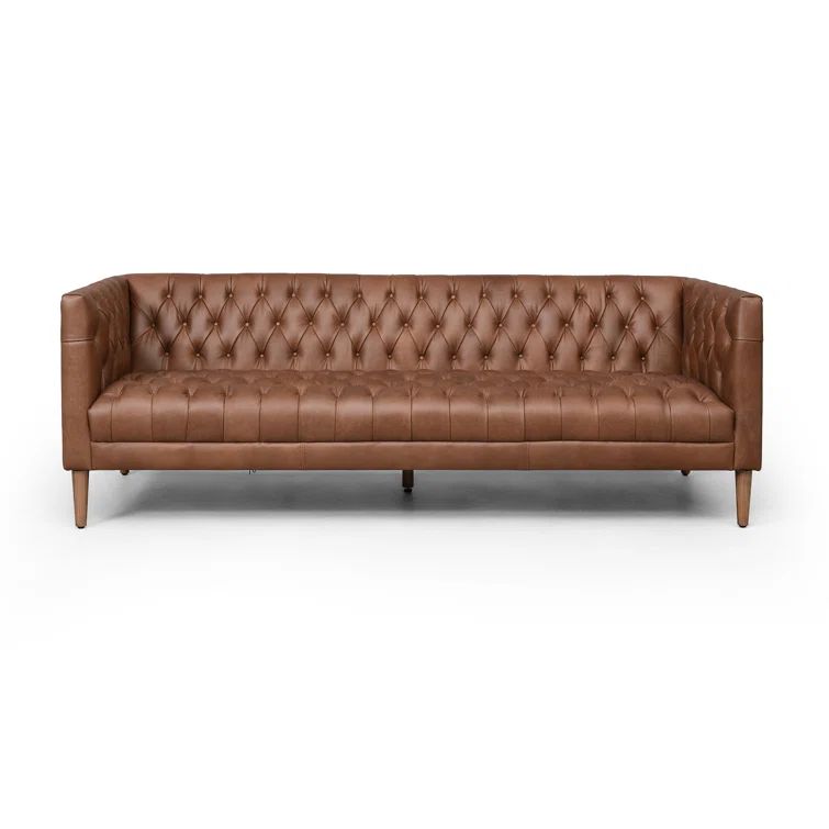 90" Brown Tufted Leather Stationary Sofa
