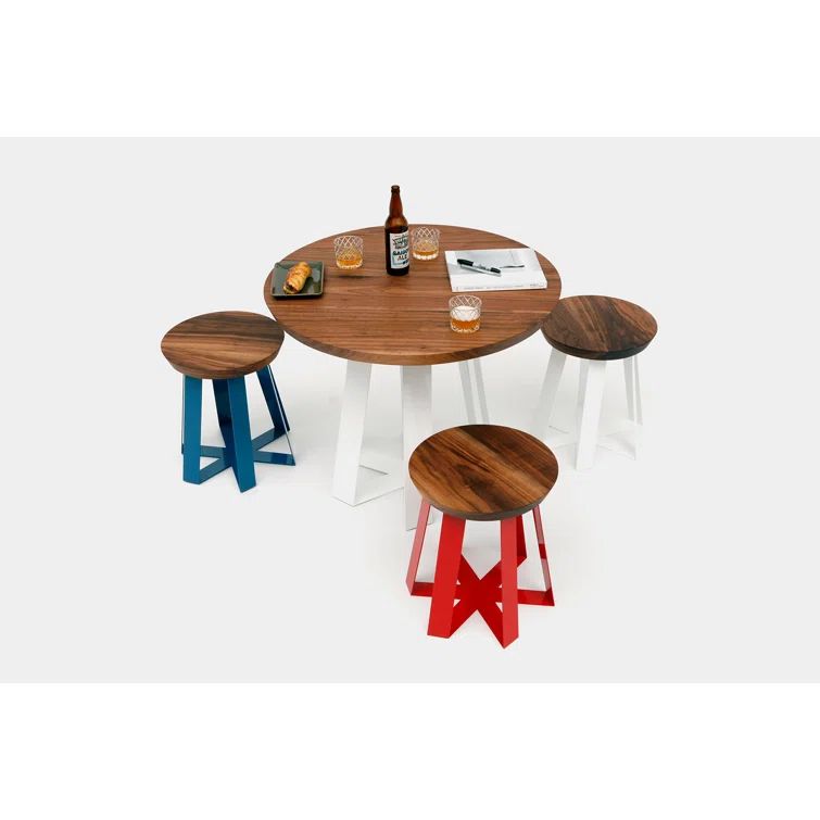 Round Walnut and Red Pedestal Dining Table