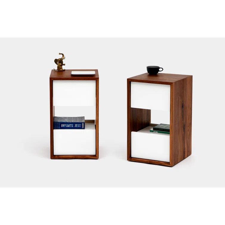 Modern Walnut and White Lacquer 2-Drawer Nightstand