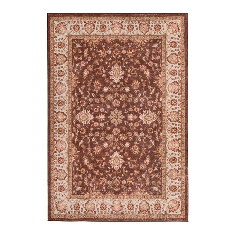Coffee Brown Floral Synthetic Rectangular Area Rug
