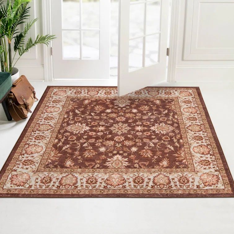 Ivory and Coffee Brown Floral Synthetic Square Rug