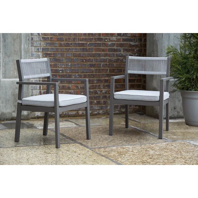 Gray Eucalyptus Outdoor Dining Arm Chairs with Cushions