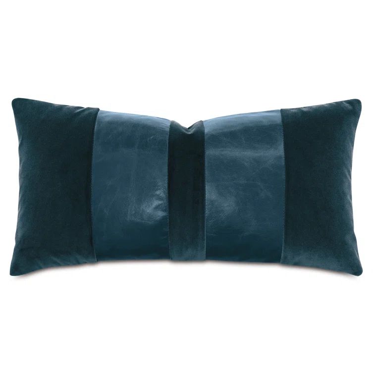 Pacific Blue Velvet and Leather Rectangular Lumbar Pillow