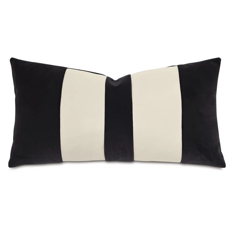 Ivory and Charcoal Striped Velvet Lumbar Pillow with Genuine Leather