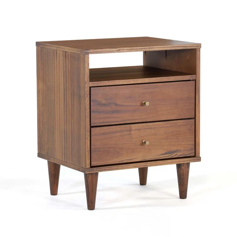 Walnut Pine Wood 2-Drawer Mid-Century Modern Nightstand