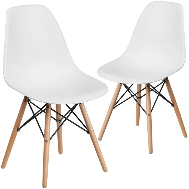 Elon Series 2-Pack White Plastic Side Chair with Wooden Legs