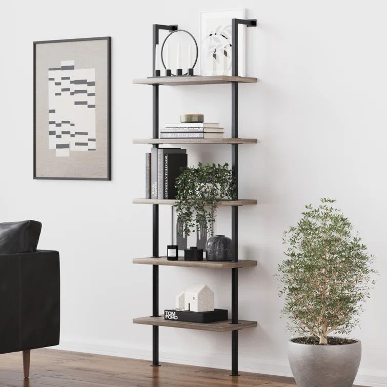 Gray Oak and Matte Black 5-Tier Ladder Bookcase