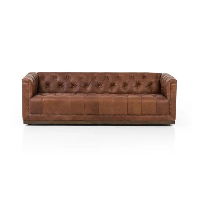 Warm Brown Tufted Leather Sofa with Nailhead Trim