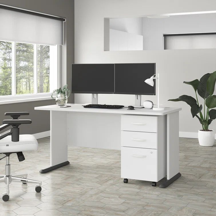 White Engineered Wood Computer Desk with 3-Drawer Mobile File Cabinet