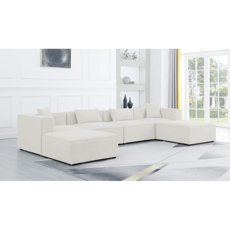 Cream Linen Six-Piece Modular Sectional Sofa