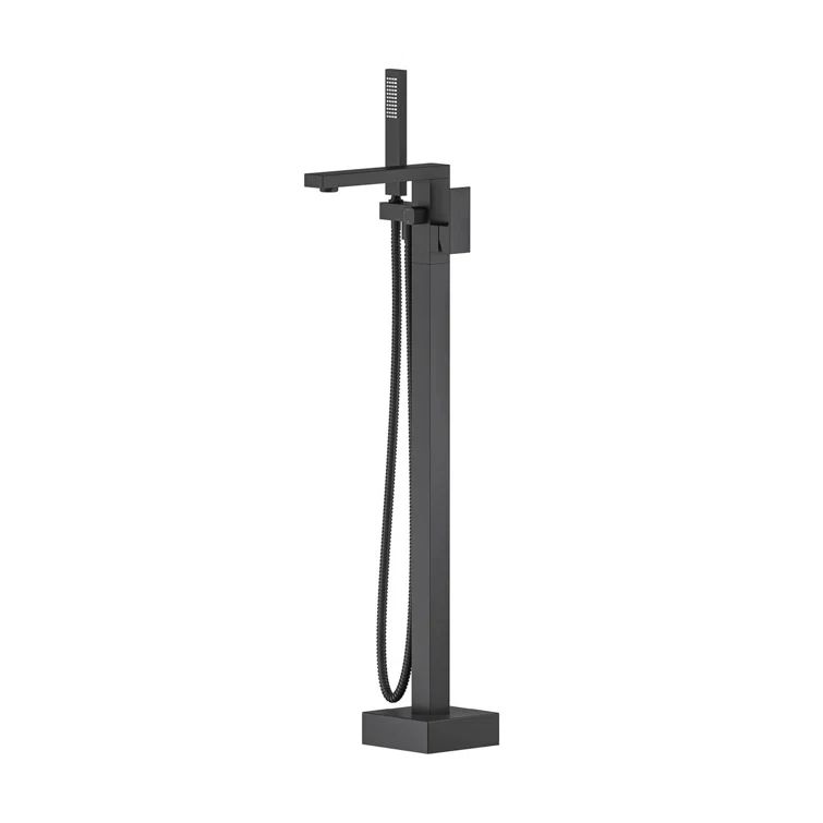 Matte Black Brass Floor Mount Tub Filler with Hand Shower
