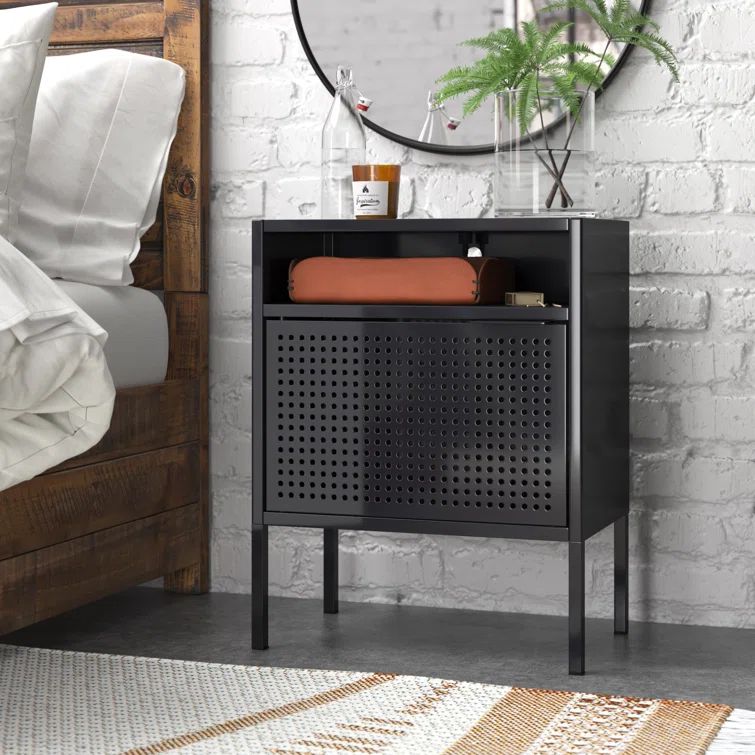 Gemma Black Metal Nightstand with USB Port and Open Shelf