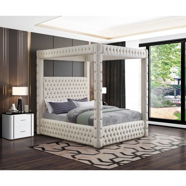 Cream Velvet Tufted Upholstered King Canopy Bed