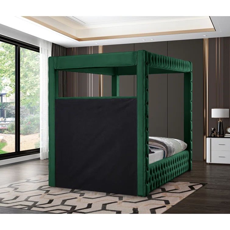 Green Velvet Tufted Upholstered King Platform Bed with Canopy