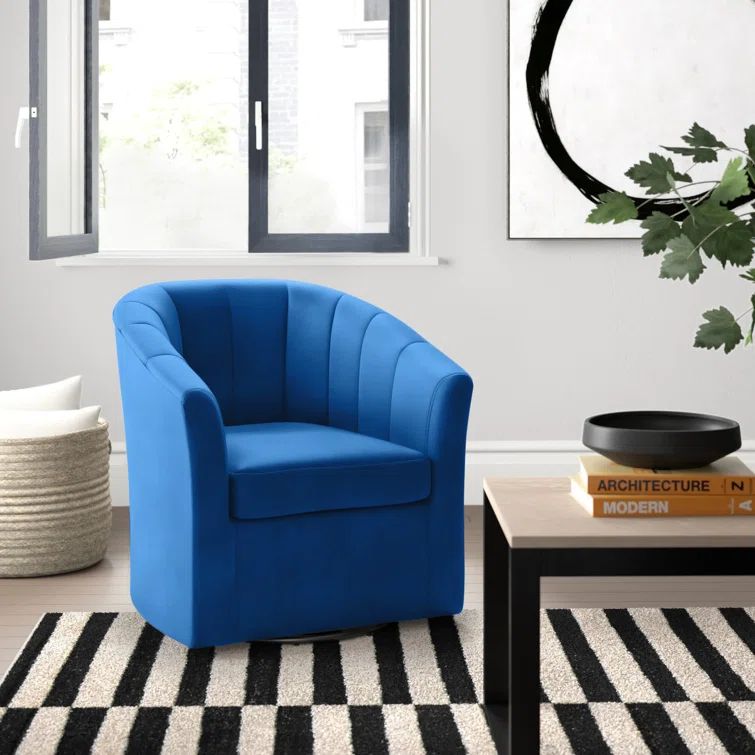 Navy Velvet Swivel Barrel Accent Chair with Wood Base