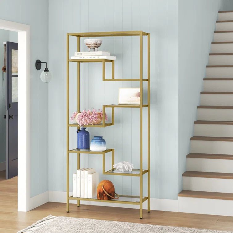 Sloane Gold Steel Geometric Etagere with Glass Shelves