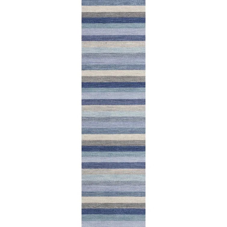 Handmade Blue and Beige Wool Striped Runner Rug
