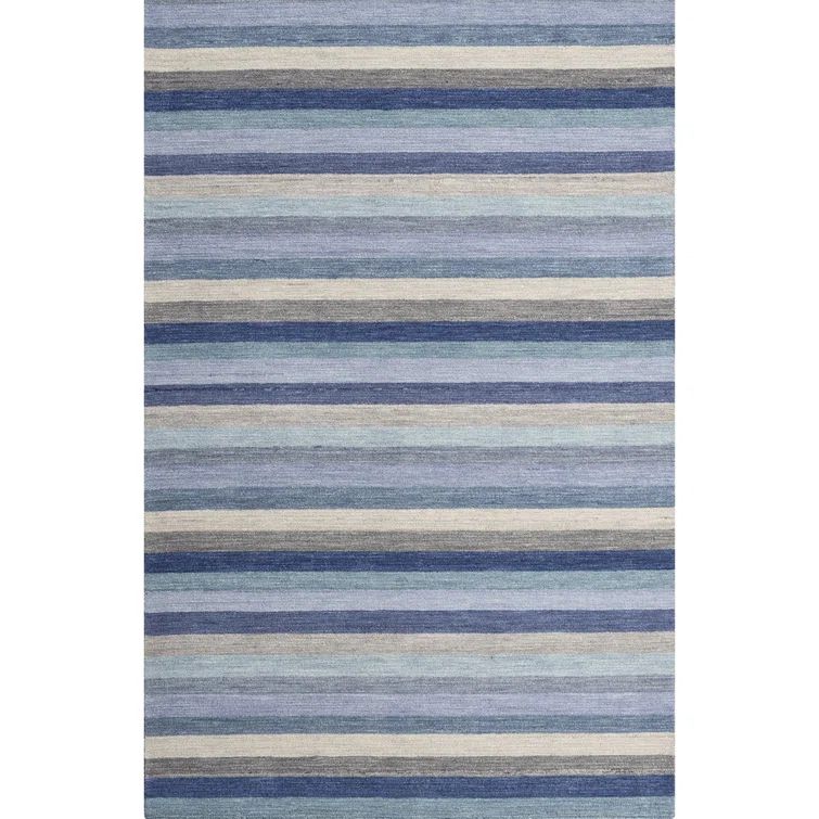 Handmade Blue and Beige Wool Striped Runner Rug