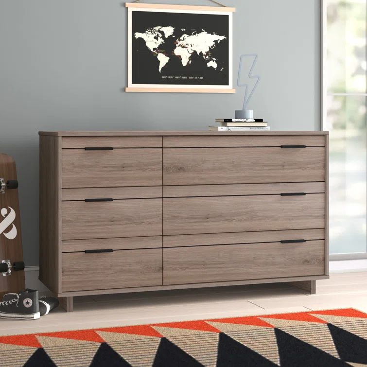 Rustic Oak Double 6-Drawer Dresser with Metal Pulls