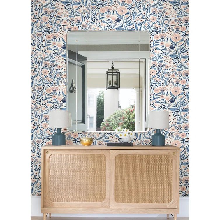 Blue and Pink Vinyl Floral Peel and Stick Wallpaper Roll