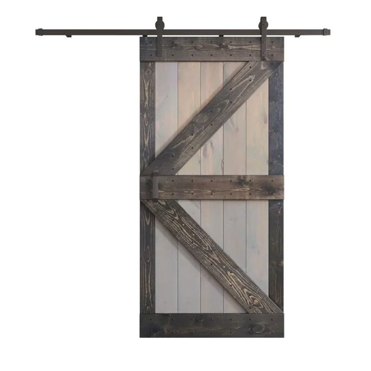 Light Gray and Carbon Gray Pine Wood Sliding Barn Door with Hardware Kit