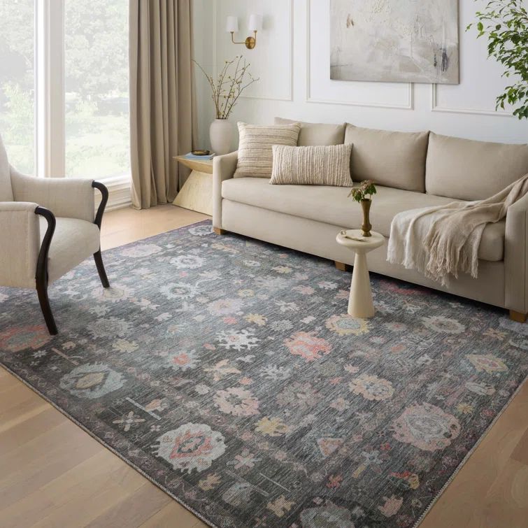Elysium Charcoal Floral Wool and Synthetic Area Rug